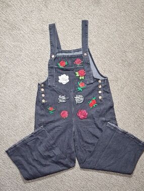 Upcycled Embroidered Rose Denim Overalls - Black